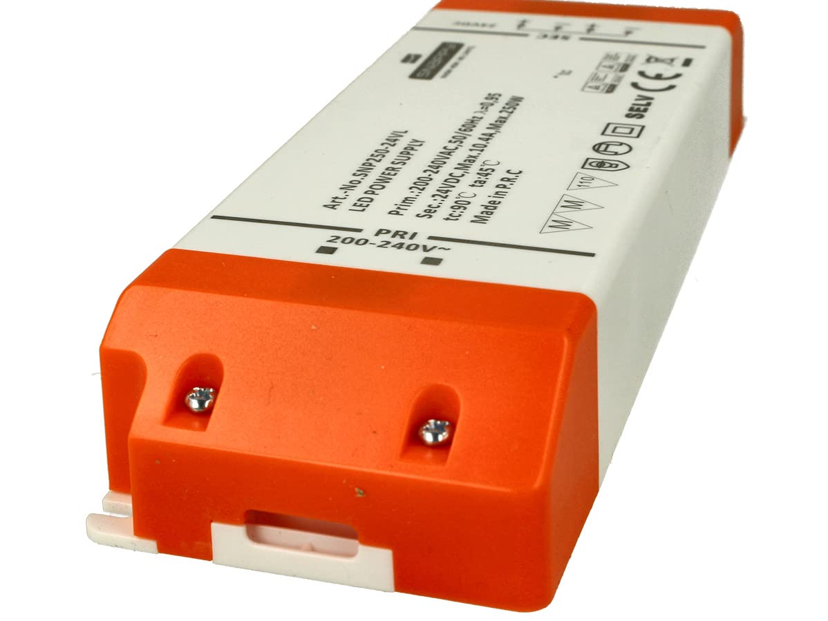 Transformador Slim de 24 V, fuente de alimentación delgada DC24 V, diseño plano, ideal para tira de LED de 24 V, instalación en el mueble (250 W, 10,4 A, 195 x 67 x 31 mm)