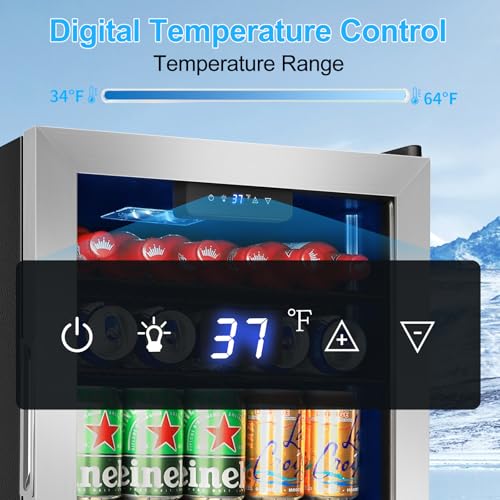 Image of Beverage Refrigerator 126 Can, Mini Beverage Fridge Small Beverage Cooler Stainless Steel with Glass Door Safety Lock, Drink Fridge for Beer Soda Wine, Perfect for Dorm Office Hotel