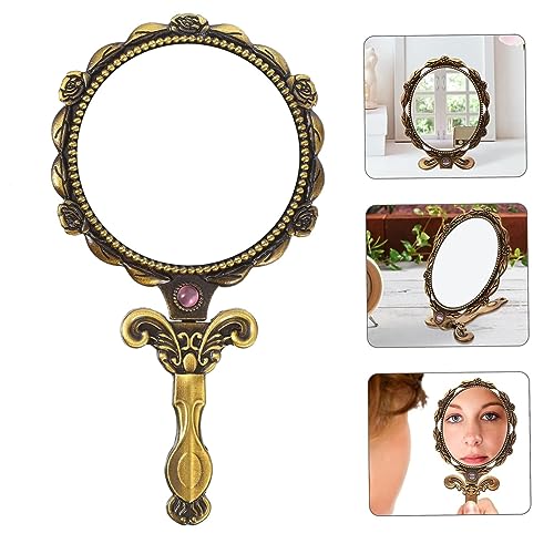 Image of Metal Vintage Round Hand Mirror With Back Side Rose Design, Gold, Pack Of 1
