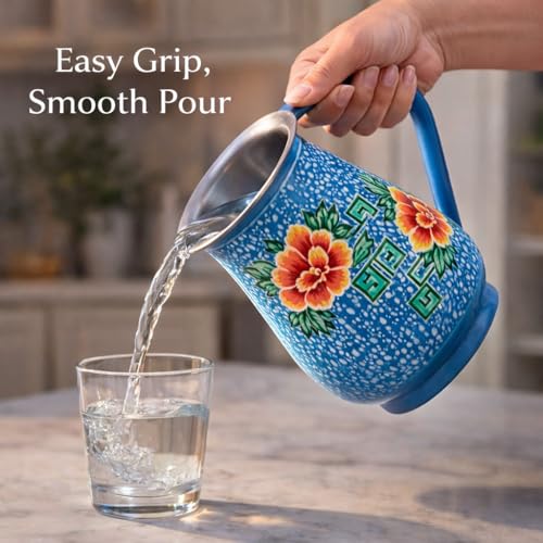 Image of iHandikart Handpainted Decorative Stainless Steel Jug |1.5L | Size - 8 * 6 Inch | Floral Printed Pitcher for Water, Juice & Milk | Decorative Kitchen & Dining Jug | Multipurpose Serving Jar for Home