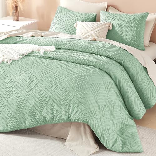 Image of Litanika Sage Green Full Comforter Set, 3 Pieces Tufted Boho Farmhouse Bedding Comforter Sets, Lightweight Fluffy Comforter Bed Set for All Season (79x90In Comforter and 2 Pillowcases)