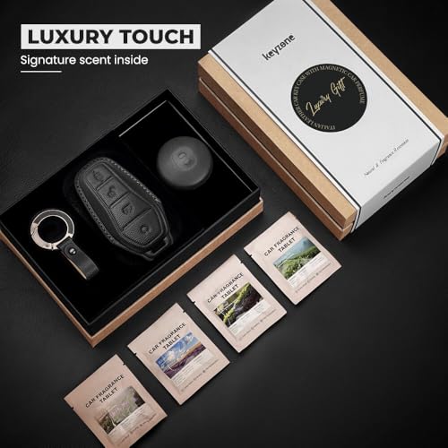 Image of Keyzone Premium Leather Key Cover & AC Vent Car Perfume Combo (4 Fragrances) | Compatible for BYD Seal, Atto3 4 Button Smart Key. (Black)