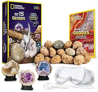 NATIONAL GEOGRAPHIC - Break Open 15 Premium Geodes Includes Goggles, Detailed Learning Guide & 3 Display Stands - Great Stem Science Gift for Mineralogy & Geology Enthusiasts of Any Age