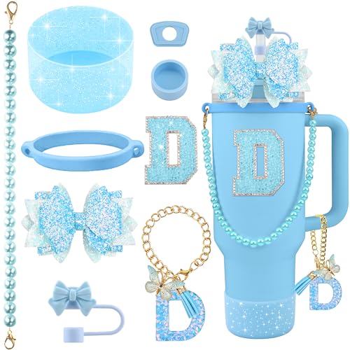 Hpebl 9PCS Blue for Stanley Cup Accessories Set Bling Initials Bow Charms for Stanley Decorations 30/40 Oz Tumbler Accessories Including Bow Straw Topper, Handle Strap, Spill Stopper（Letter D）