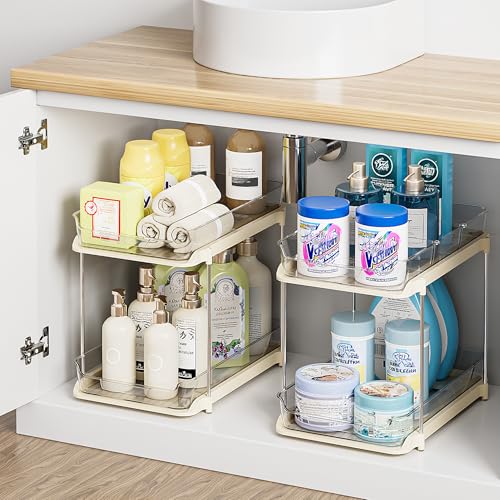 Delamu 2 Sets of 2-Tier Multi-Purpose Bathroom Under Sink Organizers and Storage, Stackable Kitchen Pantry Organization, Pull Out Medicine Cabinet Organizer with 8 Movable Dividers, Beige
