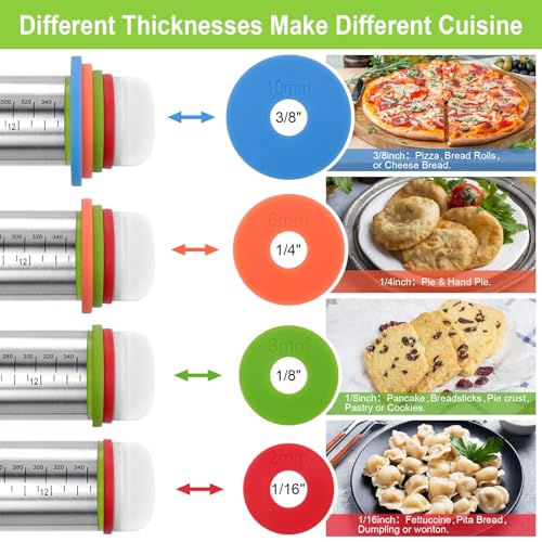 Rolling Pin with Thickness Rings and Silicone Baking Mat, Adjustable Stainless Steel Rolling Pins for Pasta or Sugar Decorating Cookies, Bread Making Tools Fondant Roller for Dough, Dumpling, Ravioli - Image 5
