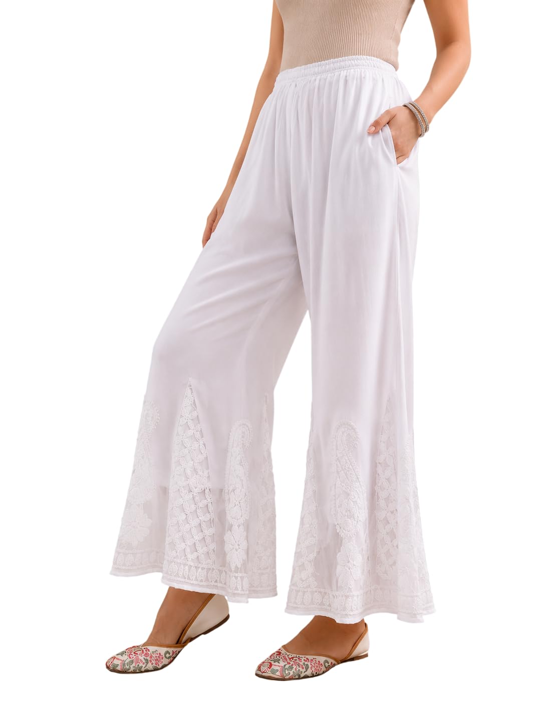 MADEEHA Chikan Women's Lucknowi Chikankari Sharara for Kurti | Hand Embroidered Georgette Sharara | Elastic Waist | Ethnic Bottom Wear | Festive & Casual Wear White-picture-39