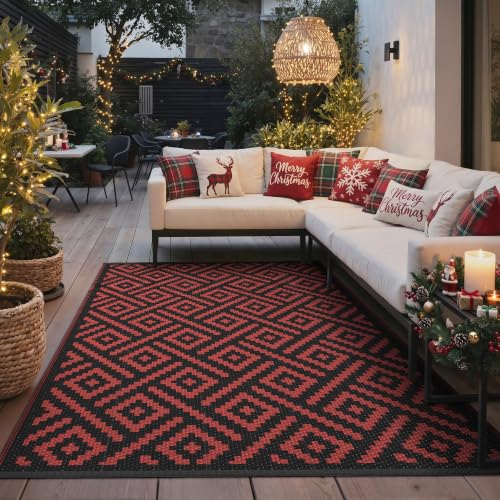 Image of GENIMO Outdoor Rug, Waterproof Plastic Rugs for Patio, 6'x9' Red Grey | Outside Larger Modern Carpet Mat for Porch Decor, Deck, Balcony, Camping, RV, Backyard, Picnic, Beach, Reversible, Foldable