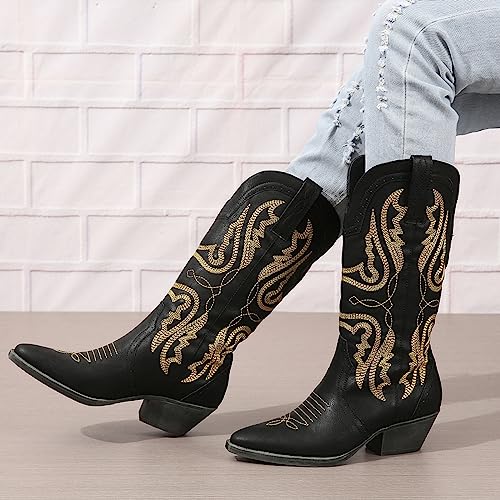 Image of SelRoys Cowboy Boots for Women Cowgirl Mid Calf Western Boots Embroidered Stitched Pointed Toe Chunky Block Heel Brown Red Black US5-11