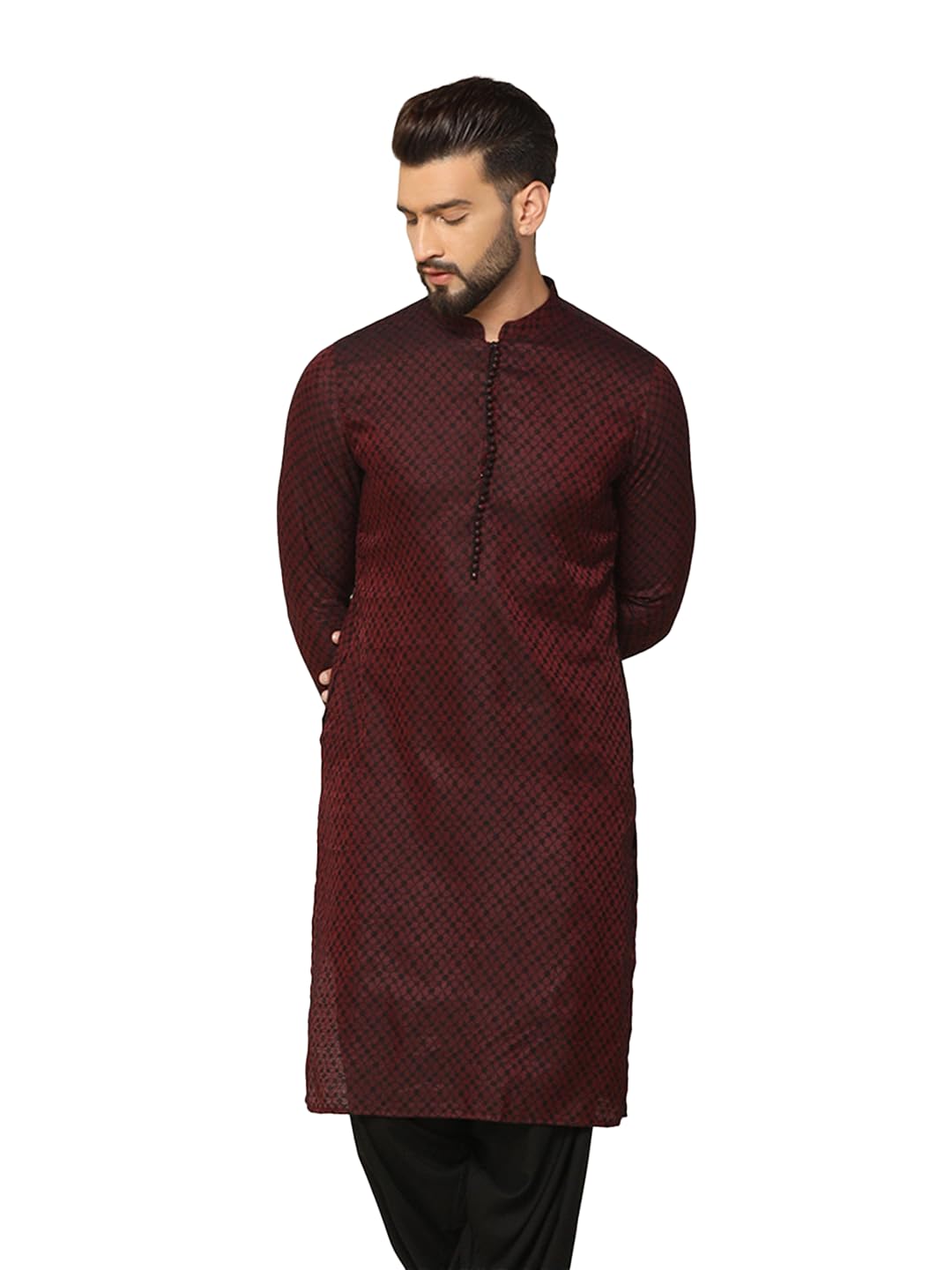Kisah Mens Printed Silk Blend Jacquard Kurta - Traditional Ethnic Wear Kurta For Men For Weddings & Festivals, Maroon, 42