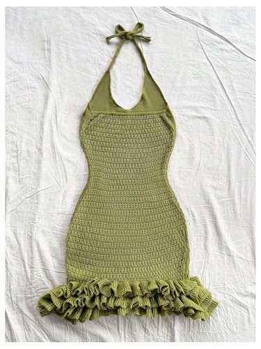 GORGLITTER Women's Crochet Halter Bubble Mini Dress Bow Backless Summer Bodycon Knit Dress Vacation Festival Outfits2