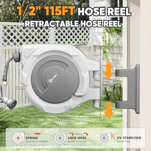 Image of SILVEL Retractable Garden Hose Reel, 1 /2 in x 115ft Wall Mount Heavy Duty Automatic Hose Reel with 10 Pattern Nozzle, Any Length Lock & Slow Return System, 180Swivel Bracket Upgraded UV Resistant