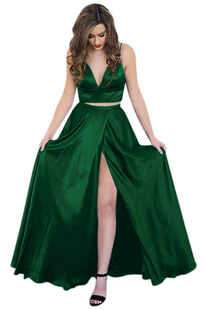 Andybridal Vintage Ball Gown Sapghetti Straps Deep V Neck Two Piece Satin Long Prom Dress with Slit