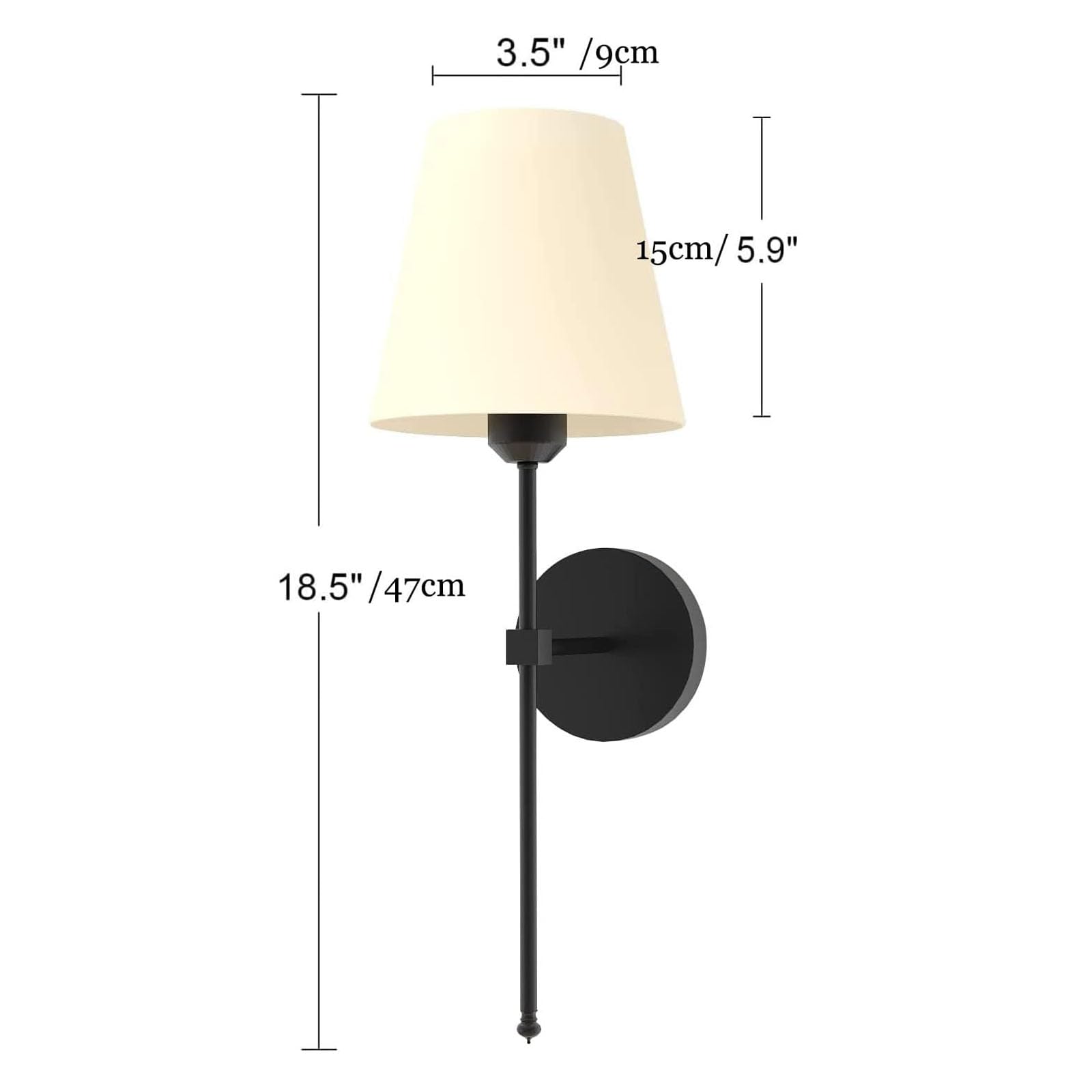 Juego de 2 apliques de pared recargables estilo granja, luz inalámbrica con control remoto negro, luces recargables para interiores, lámpara vintage de brazo largo con brazo de tela blanca para velas