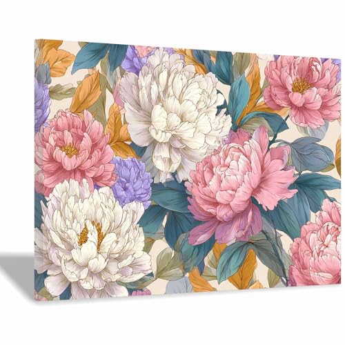 Décoration murale fleurs pivoines violettes tableau moderne 40x60cm blanc