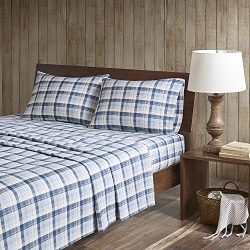 Image of Woolrich Cotton Sheet Set Cottage Charms Print, 100% Cotton Flannel Sheets Warm & Fuzzy Bedding Set King Size Sheets, Fitted Pocket Fits Up to 14 inch Mattress, King Blue Plaid, 4 Piece