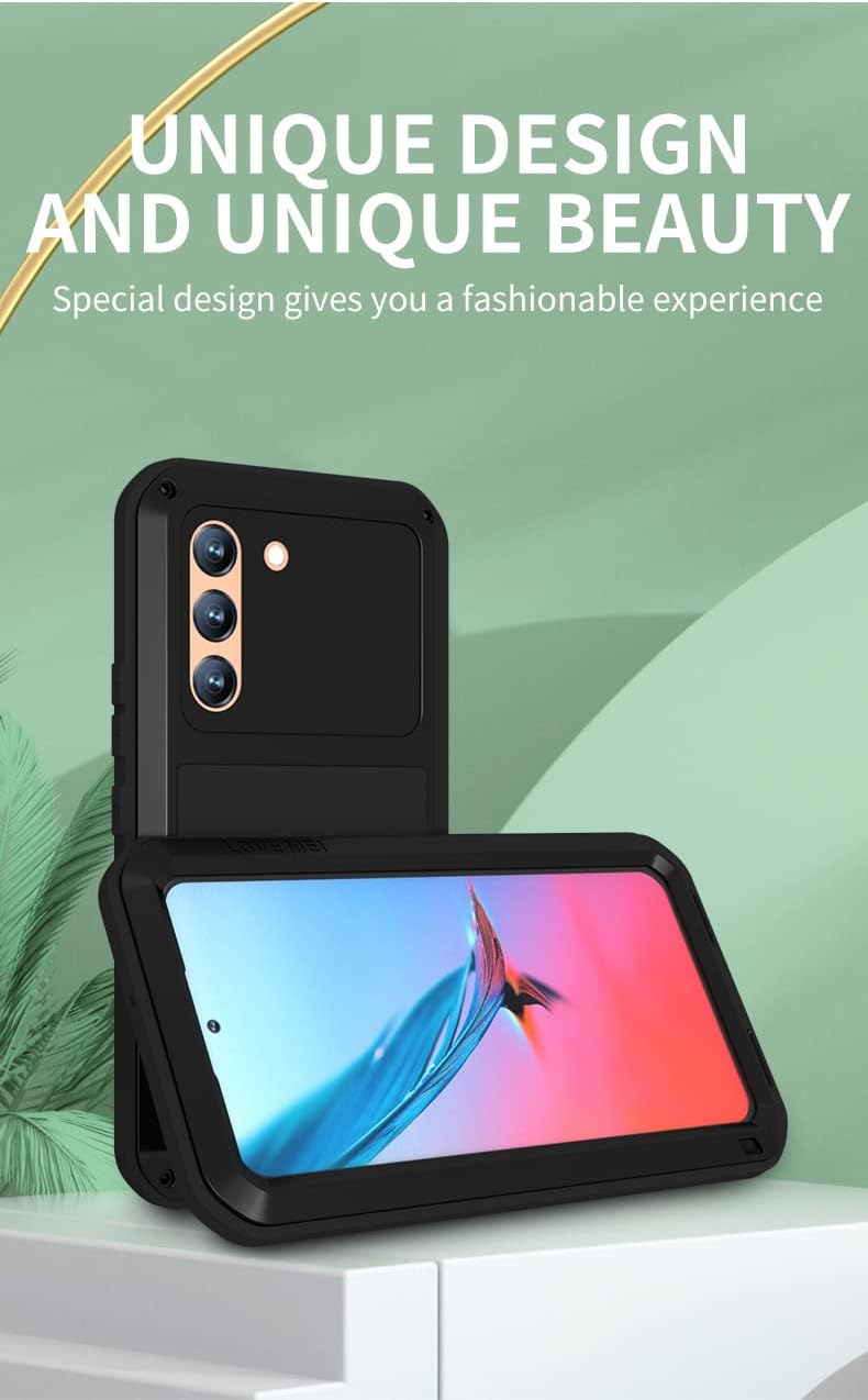LOVE MEI for Samsung Galaxy S22 Case, Outdoor Heavy Duty Rugged Full Body Protection Case Military Armor Bumper Aluminum Metal Shockproof Case with Tempered Glass for Samsung Galaxy S22 5G (Black)
