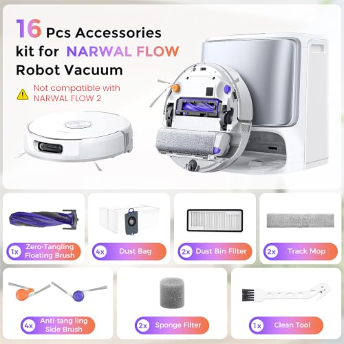 Image of 16 Pcs Accessories kit for NARWAL FLOW Robot Vacuum, 1 Zero-Tangling Floating Brush, 4 Dust Bag, 2 Dust Bin Filter, 2 Track Mop, 4 Anti-tang ling Side Brush, 2 Sponge Filter, 1 Clean Tool