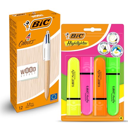 Stylos à effet bois BIC et surligneurs plats fluo rétractables pour le bureau | Lot de 12