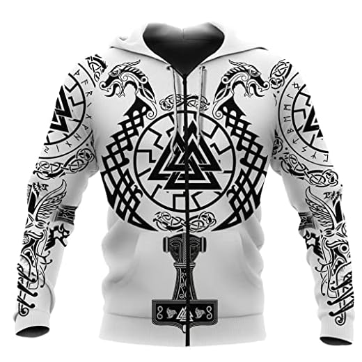 XKUN Uppgraderad Version Vik-Ing Damjacka Med Dragkedja, Nordisk Mytologia Symbol Hoodie, Tröjan, Mjölner, Solhjul, Torshammare Långärmad Luvjacka T-Shirt, L/X-Small/X-Small