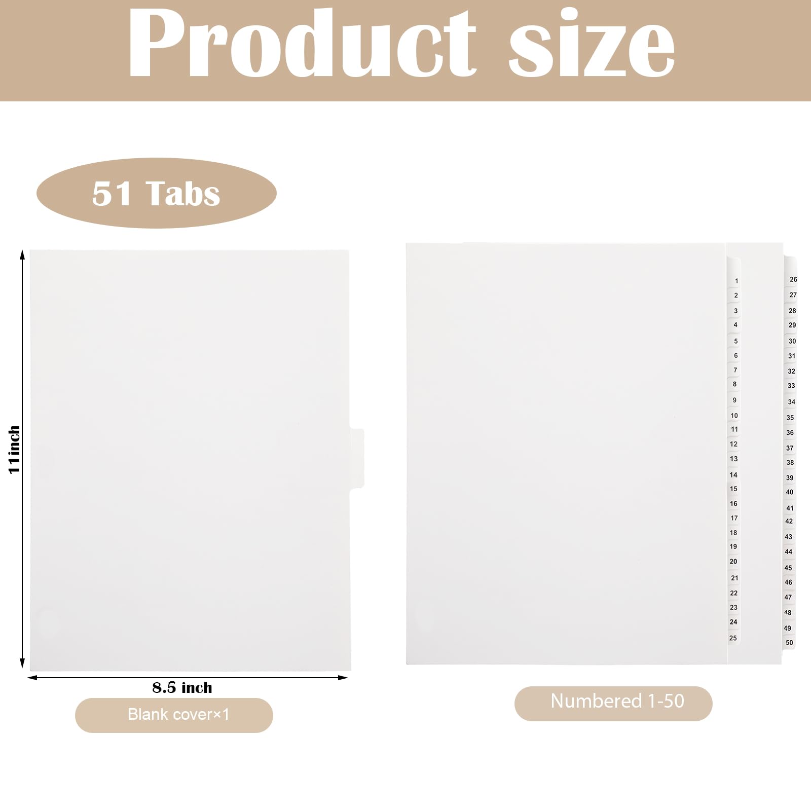 Yeaqee 1 lot d'intercalaires numérotés de 1 à 50 non perforés de 21,6 x 27,9 cm en papier blanc avec onglets numérotés pour documents de bureau, fichiers format lettre
