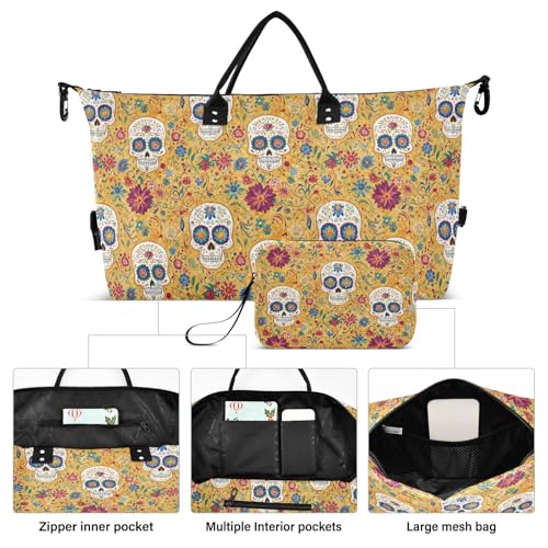 Duffel Bag Set for Travel Gym Sport, Weekender Bag Carry on Overnight Bags for Women Men-Abstract Skull Floral Print2