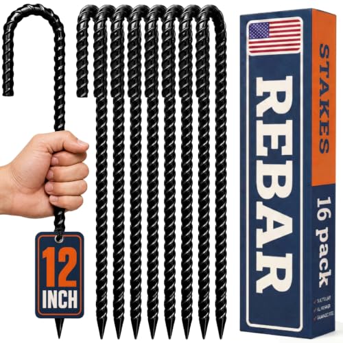 Image of Happin 12 Inch Rebar Stakes, J Hooks, Tent Stakes Heavy Duty Galvanized Garden Stakes - Trampoline Stakes, Chain Link Fence parts, Canopy, Lawn Decorations, Inflatables, Swing Set (J Shape - 16 Pack)