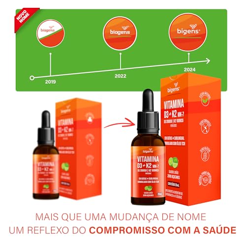 Vitamina D3 + K2 MK-7, em Gotas, Sublingual, D3 2000UI | K2 100mcg, sabor limão, 20ml, Biogens