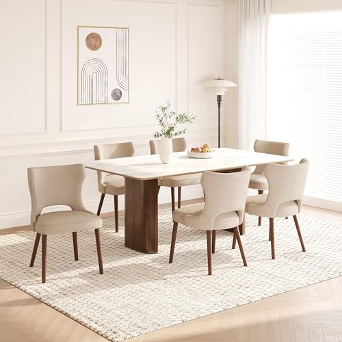 Image of Wooden Dining Chairs Set of 6, Farmhouse Dining Room Chairs with Solid Wood Legs, Mid Century Fabric Kitchen Chairs, Upholstered Chair for Restaurant & Cafe- Camel