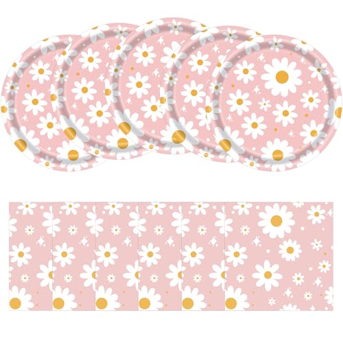 Daisy Party Paper Plates and Napkins Set for 20 Guests- 40 Pcs Spring Disposable Tableware 9 Inch Pink Daisy Paper Plates & Floral Napkins for Birthday Garden Party & Baby Shower Decorations