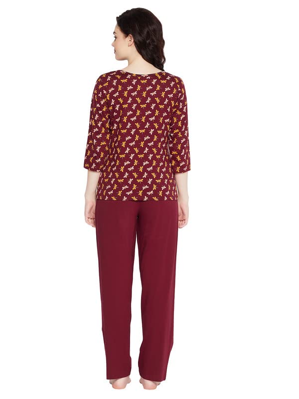 Image of Clovia Women's Cotton Butterfly Print Top & Solid Pajama Set