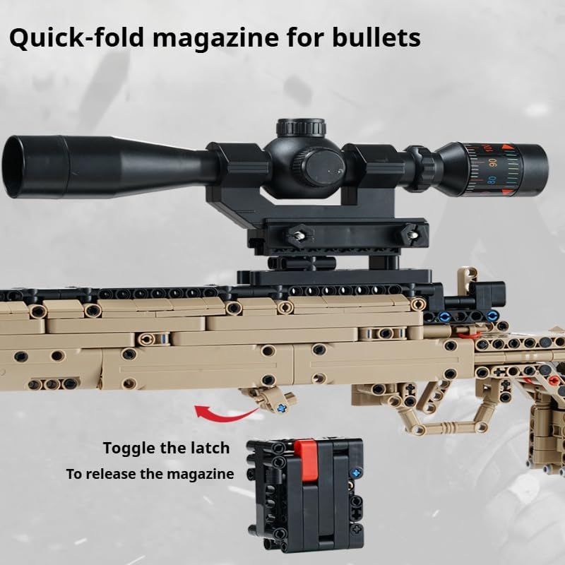 Close-up of the M24 building block rifle showing the quick-fold magazine and the latch to release it.