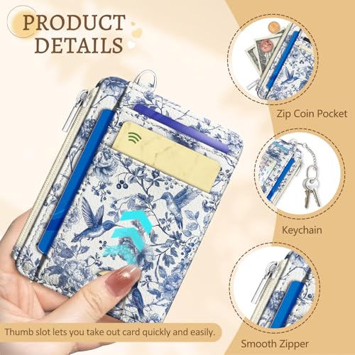 Image of Kelvoris Bird Flowers Credit Card Holder, Small Wallet Women, Slim RFID | Keychain, Zipper Coin Pocket, Front Pocket Thin Travel Card Case, Minimalist, 6 Card Slots, 1 ID Window, Ladies Gifts Woman