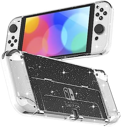 RHOTALL 3 in 1 Protective Glitter Clear Case Cover for Nintendo Switch OLED, Dockable Skin for Switch OLED and Controller, Comfort Grip Shell with Shock-Absorption and Anti-Scratch Design