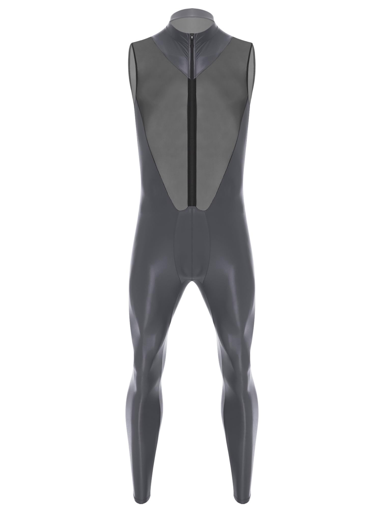 Mens Sleeveless Glossy One Piece Bodysuit with Mesh Patchwork for Swim Beach Wear