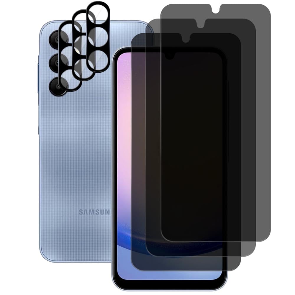 UZWZW (3+3) For Samsung Galaxy A25 5G (3 Pack) Anti Spy Private Tempered Glass Film Privacy Screen Protector and (3 Pack) Camera Lens Protector, 9H Hardness, 2.5D, Anti Scratch