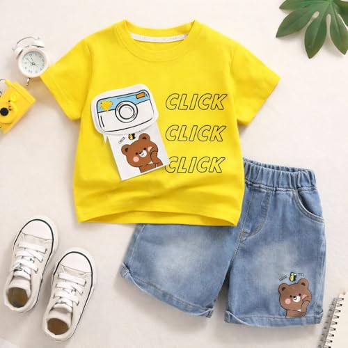 Image of Bold N Elegant Baby Boy Girl Camera Click T-Shirt with Denim Shorts Cotton Co-Ord Set Summer Outfit for Infant Toddler Kids Upto 5 Years