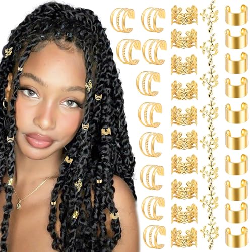 BelleVive 40-teiliges goldenes Haarschmuckset für Zöpfe, Haarmanschetten in verschiedenen Stilen, verstellbarer Zopfschmuck, nicht durchdringende Ohrclips, Loc-Dreadlock-Zubehör für Frauen