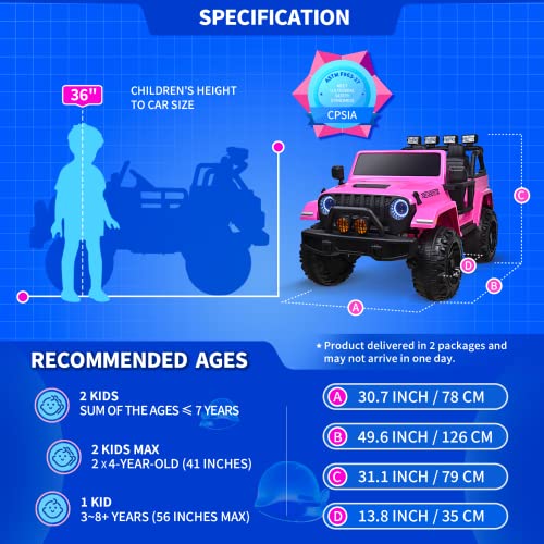 Joywhale 24V 2 Seater Kids Ride On Car Truck 4Wd Battery Powered Motorized Easy-Drag Truck, With 4X75W Powerful Engine, Soft Braking, Remote Control, Suspension & Free Car Cover, 2023 New Model, Pink #TOP3