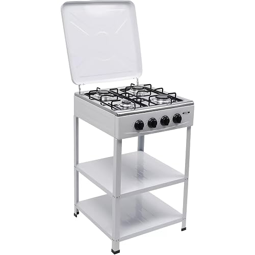Countertop Natural Gas Stove 4 Burner, Commercial Kitchen Cooking Stove Set with Adjustable Fire Control & Cover, Free Standing 2-Tier Storage Rack for Apartments, Outdoor, Rvs (White)