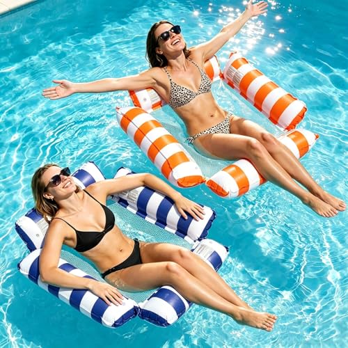 Inflatable Pool Floats Adult, 4-in-1 Multi-Purpose Pool Float Rafts Water Hammock, Pool Floaties for Adults Swimming Pool Lake Beach (Blue&Orange)