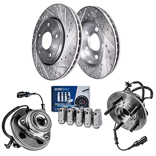 Image of Detroit Axle - Front Drilled Rotors Wheel Hubs + 10pc Wheel Lug Nuts | Replacement for 2006-2010 Ford Explorer Sport Trac Mercury Mountaineer - 14pc Set
