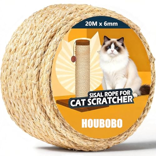 Natural Sisal Rope for Cat Scratcher 20M x 6mm Cat Tree Rope Twine for Cat Scratching Post Replacement DIY Thick Twine for Craft Projects Garden Home Decoration Packing Bundling