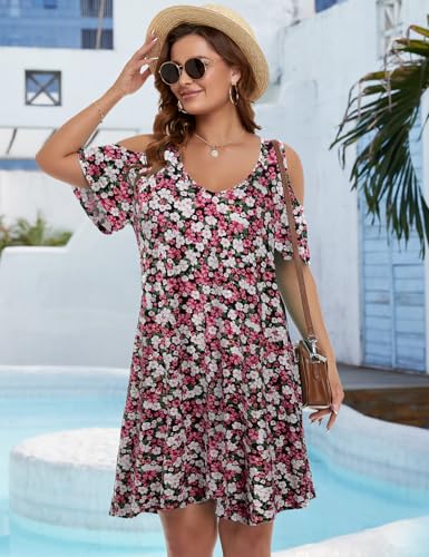 Image of JollieLovin Womens Plus Size Short Sleeve Cold Shoulder V Neck T-Shirt Dress with Pockets