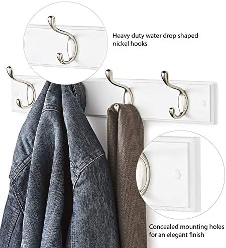 Direct Online Houseware Quality Heavy Duty Double Coat Hooks Wall Or Door Mountable White Wooden Board with Free Fixings (4 Hooks)