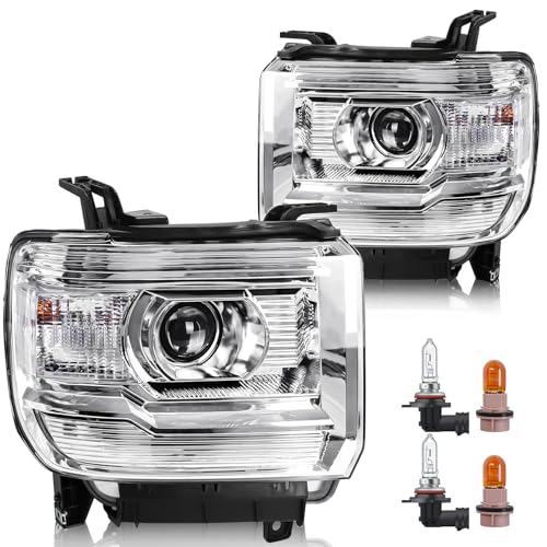 Headlight Assembly Compatible with GMC Sierra 2014-2018 1500 | 2015-2019 2500HD/3500HD Base/Denali/SLE/SLT Halogen Headlamp Replacement W/O LED DRL With Bulbs Chrome Housing White Reflector