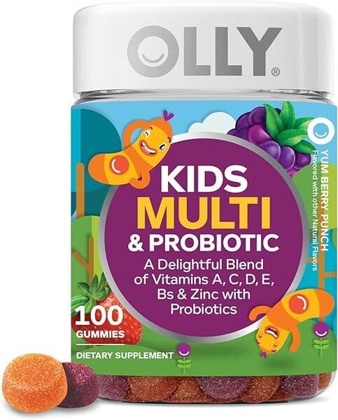 Fits OLLY Kids Multivitamin & Probiotic Gummy, Digestive Support, Vitamins A, D, C, E, B, Zinc, Chewable Supplement, Berry Flavor, 100 Count (Pack of 1)
