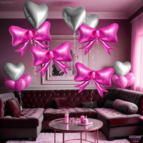 Image of KatchOn Silver Foil Heart Balloons Set - 25 Inch, Pack of 8 | Pink Bow Balloons, Heart Shaped Balloons for Galentines & Valentines Day Decorations