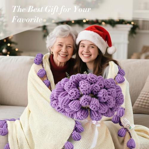 Image of Flower Bouquet Blanket, Gifts for Mom Daughter Grandkids Her Wife Girlfriend, Completed Crochet Flower Blanket,Soft Knitted Throw Blankets,Housewarming Gifts for Birthday Anniversary (Purple Roses)
