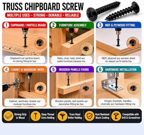 Image of By inchVP INDUSTRIES inch (Pcs-50) No.8x16 mm Truss Philips Chipboard Self-Tapping Screw - Black Zinc Coated Carbon Steel, Ideal for Wood, Plywood, Particle Boards, Cabinets, Furniture & DIY Fixings